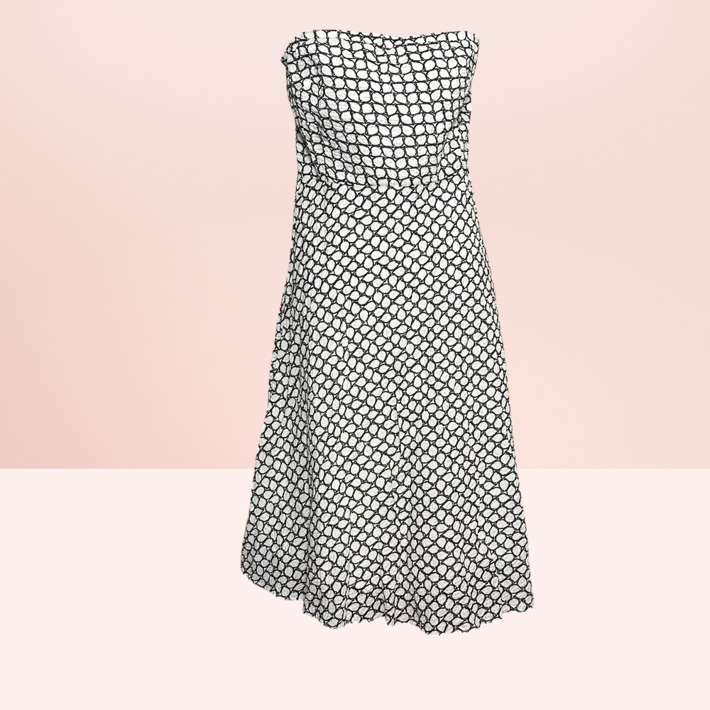 J. Crew Strapless Seersucker Midi Dress Geometric Chain Link 6 Black White